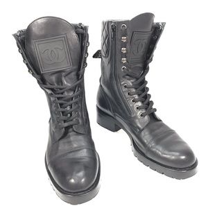 Vintage CHANEL CC Logo Leather Quilted Combat Boot